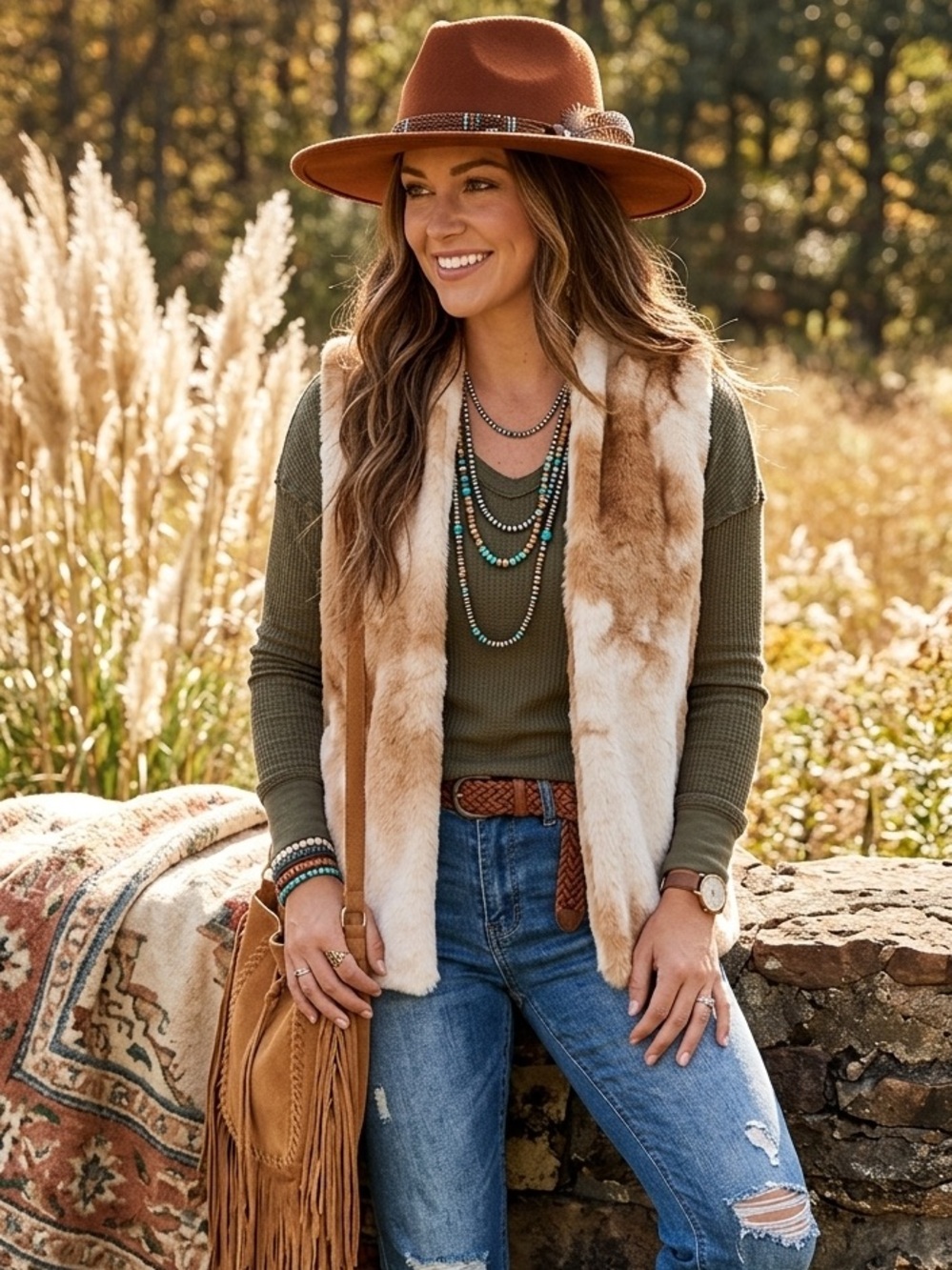 Entro | Cow Print Fuzzy Layering Vest With Pockets Camel Tan Cream New Small